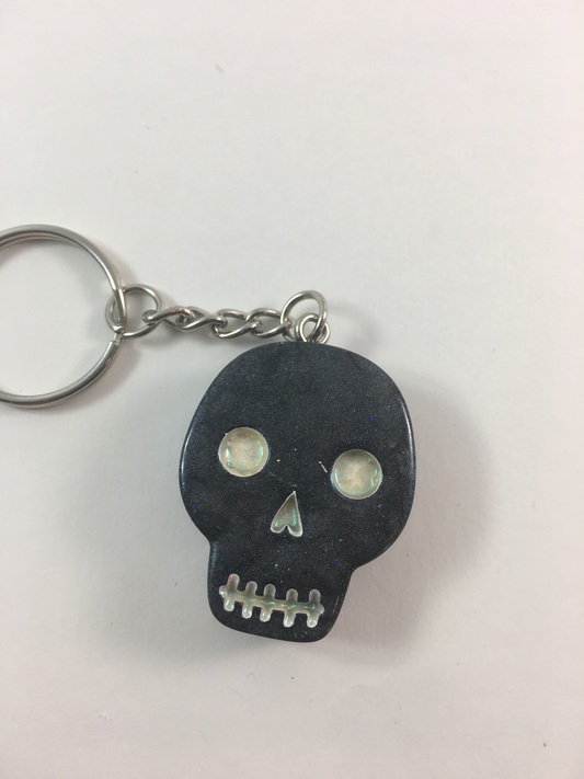 Dark Grey Silver Metallic Skull Halloween Spooky Resin Keychain